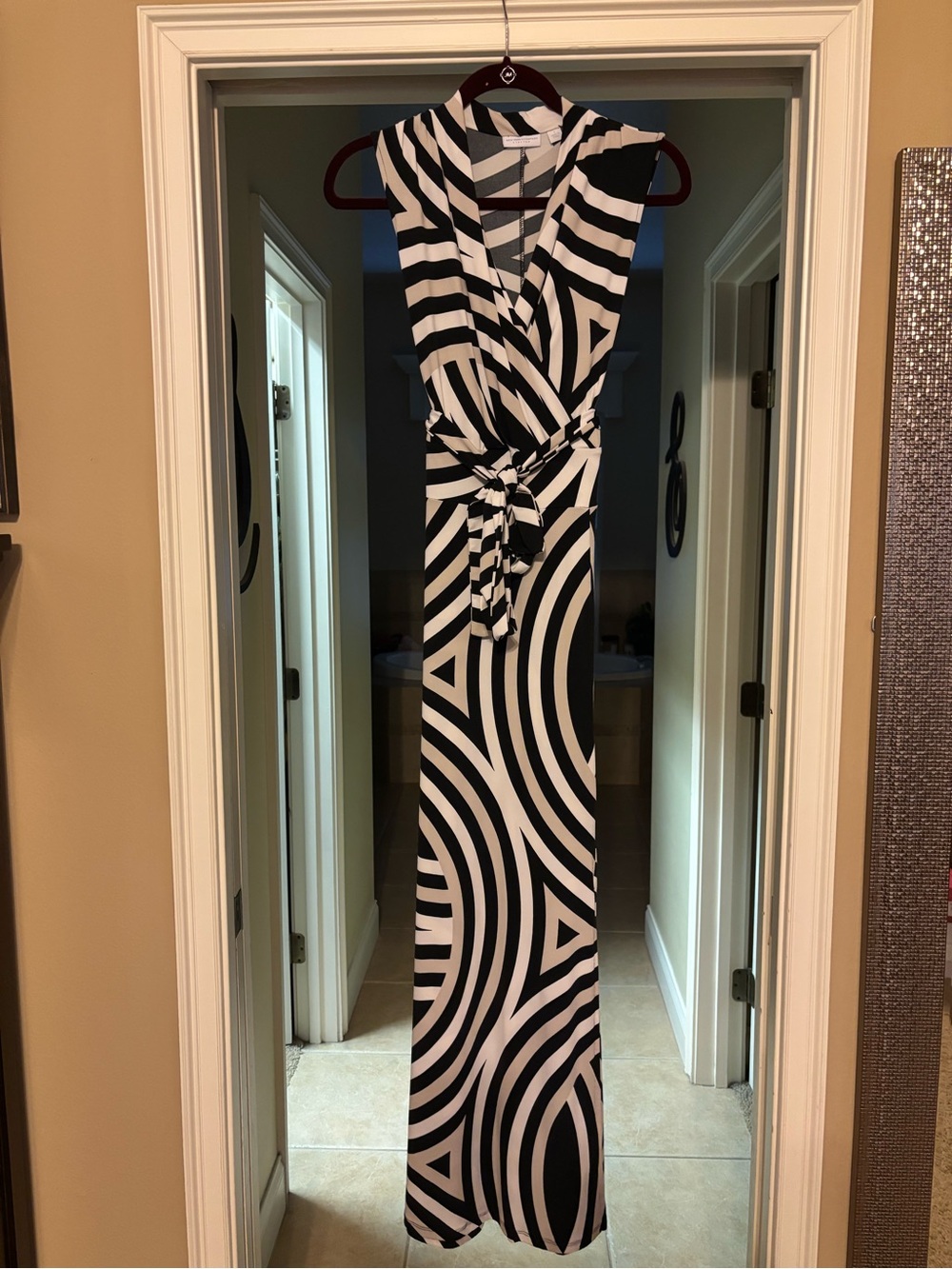 New York & Company Black and White Geometric Wrap Maxi Dress